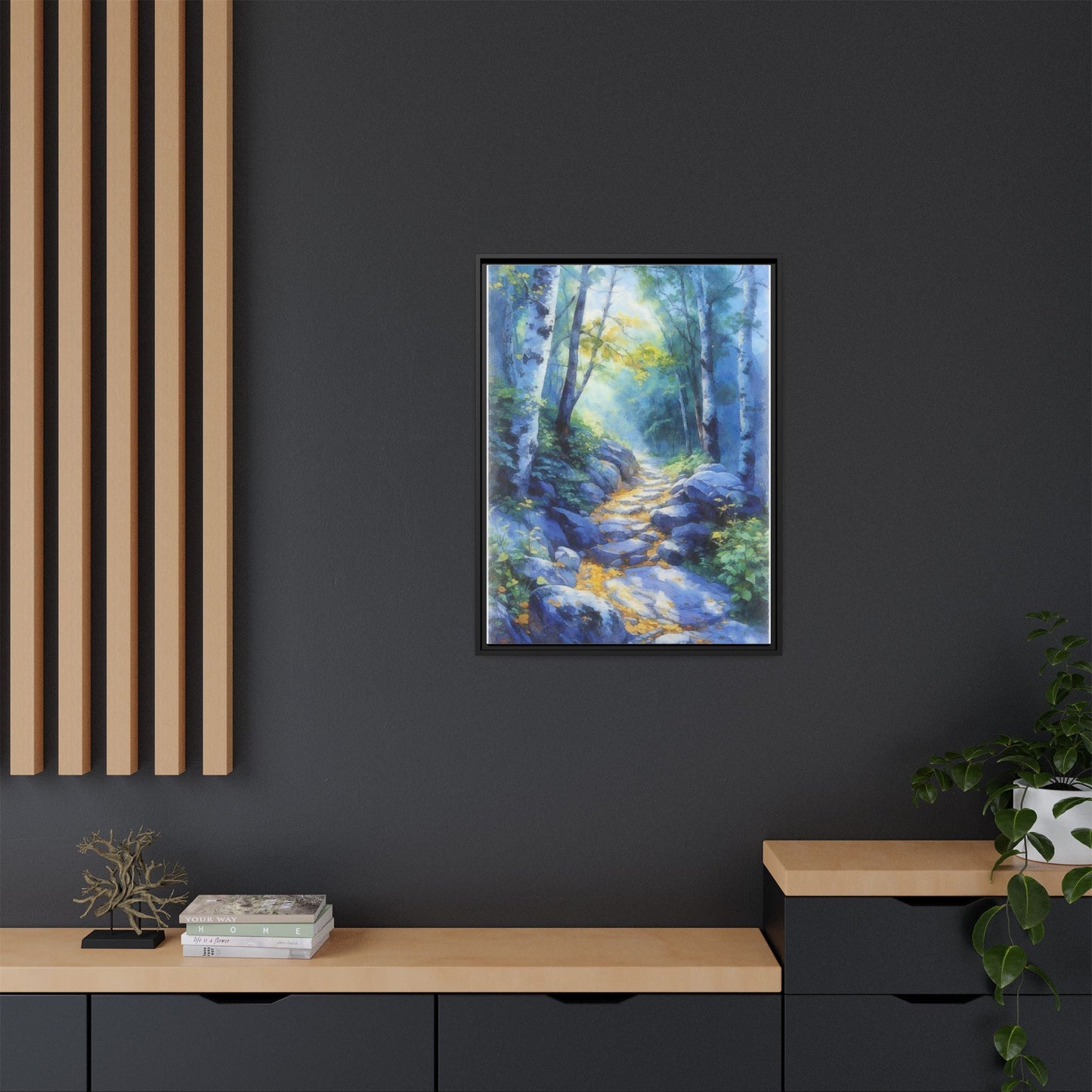 Blue Forest Path II wall art featuring a tranquil forest scene with a serene blue-toned path, printed on high-quality canvas for timeless décor.