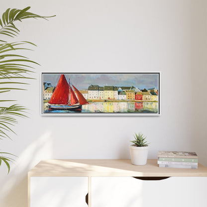 Galway Hooker Leaving Port wall art featuring a Galway Hooker boat sailing in a coastal scene, printed on high-quality canvas with a premium frame.