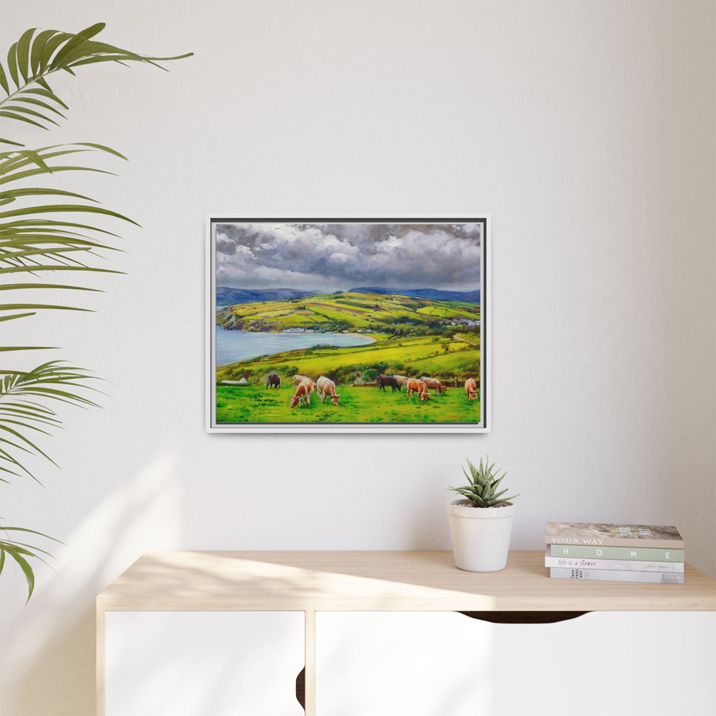 Cushendun Hills wall art showcasing rolling hills and scenic Irish landscapes, framed in high-quality materials for an elegant look.