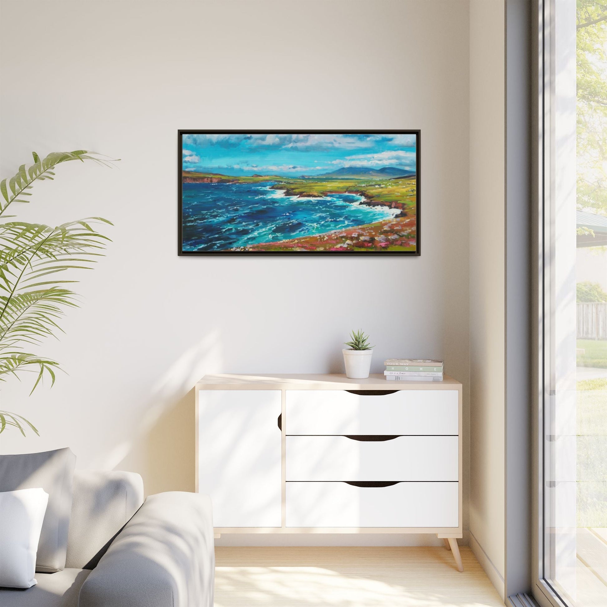 Dingle Peninsula wall art featuring a scenic view of Ireland's rugged coastline, printed on high-quality canvas with a premium frame.