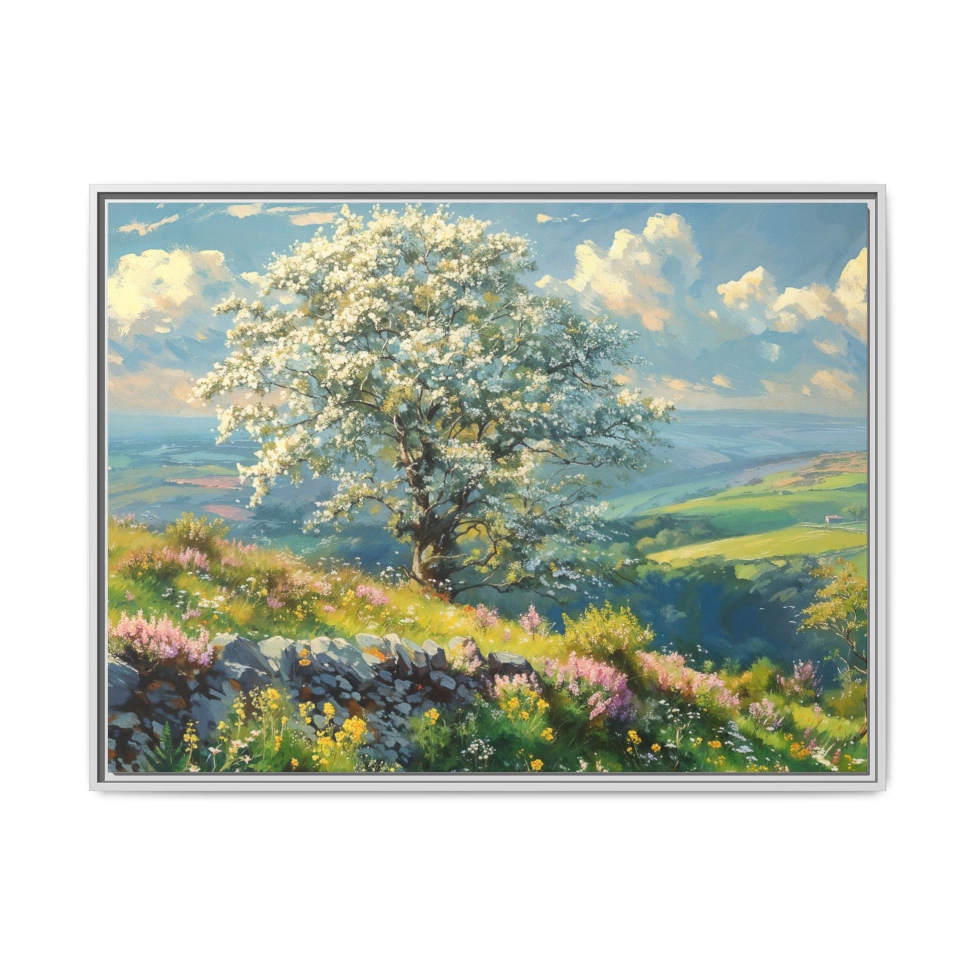 Whitethorn in Bloom wall art featuring a vibrant scene of blooming whitethorn trees, printed on high-quality canvas for a natural and timeless décor.