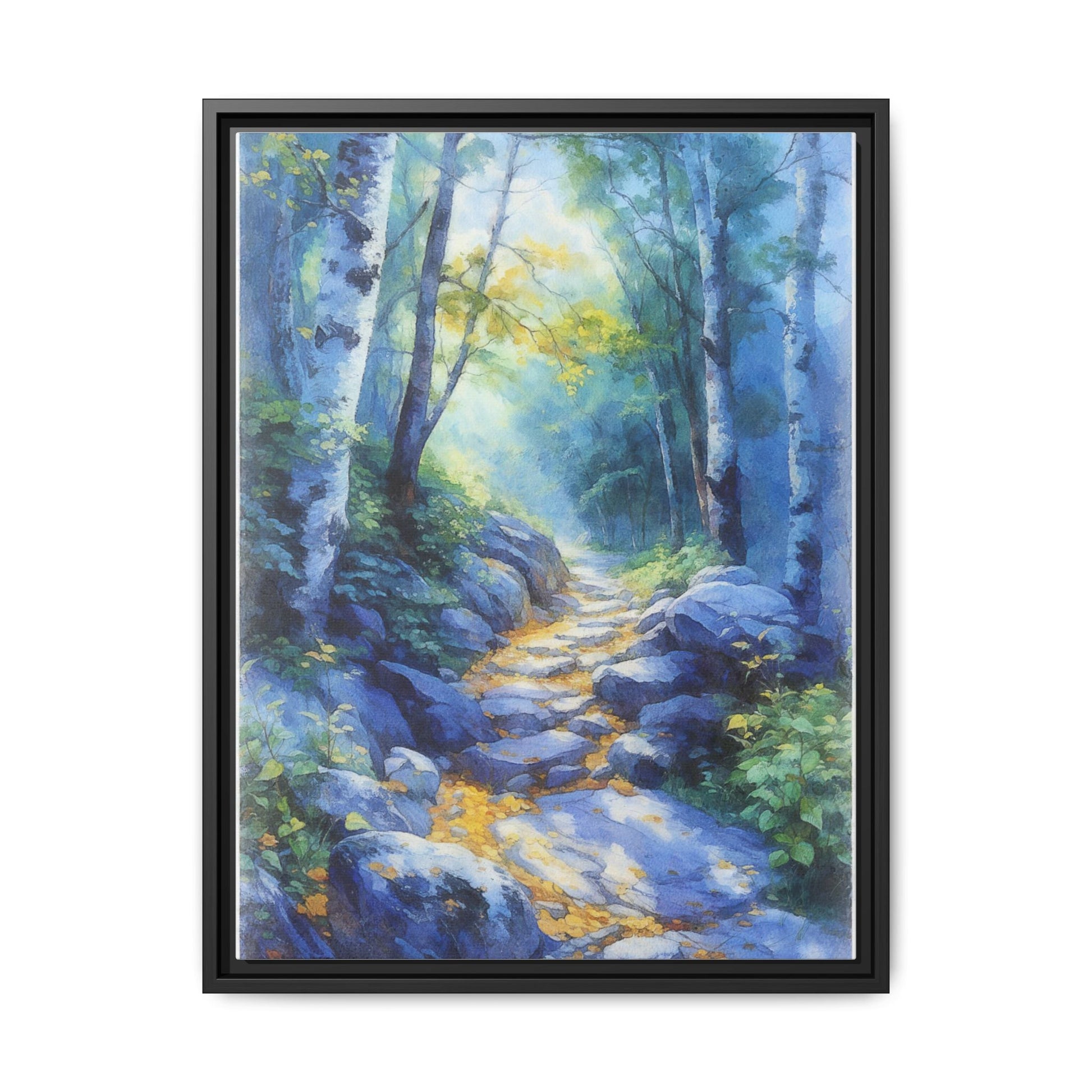 Blue Forest Path II wall art featuring a tranquil forest scene with a serene blue-toned path, printed on high-quality canvas for timeless décor.