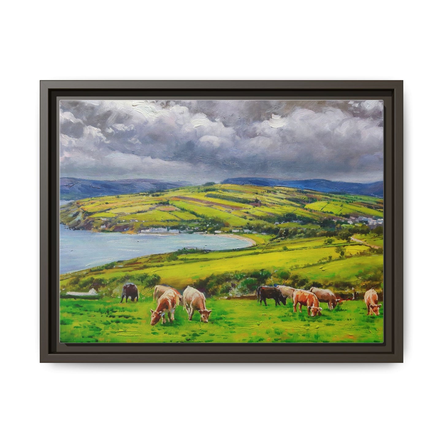 Cushendun Hills wall art showcasing rolling hills and scenic Irish landscapes, framed in high-quality materials for an elegant look.