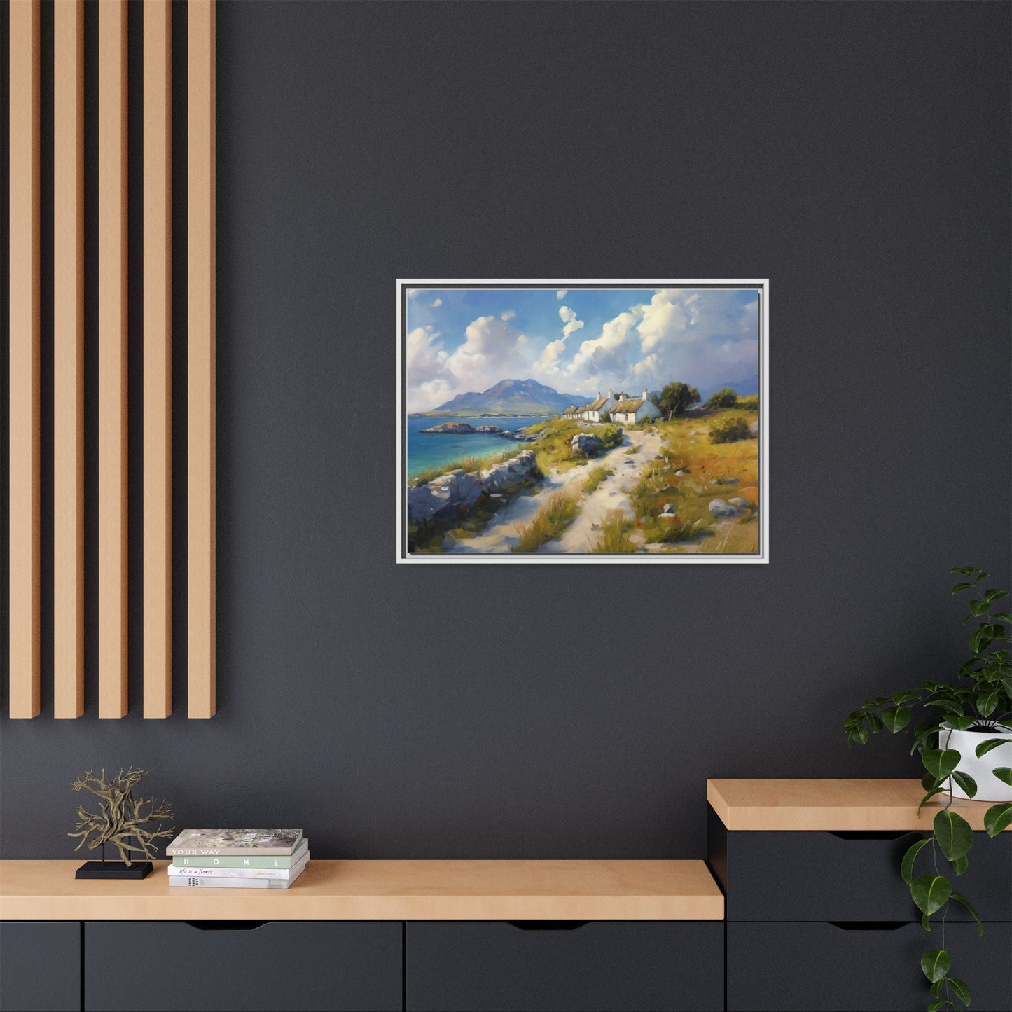 Blustery Day wall art featuring a dramatic wind-swept landscape in a pinewood frame.