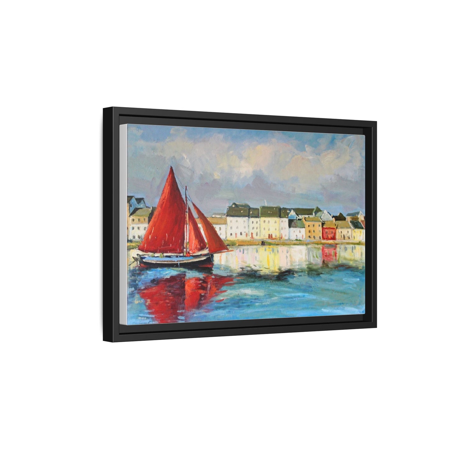 Galway Hooker Leaving Port wall art featuring a Galway Hooker boat sailing in a coastal scene, printed on high-quality canvas with a premium frame.