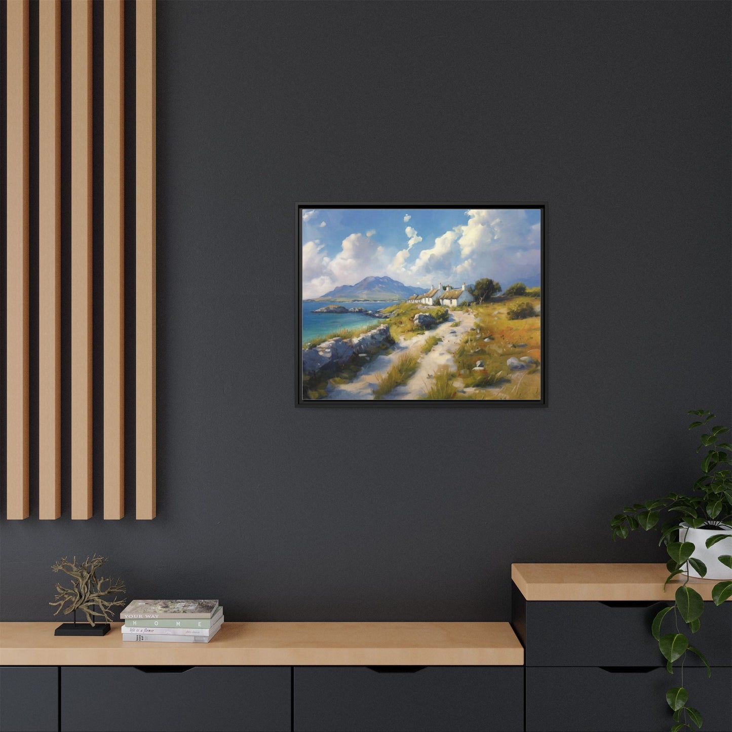 Blustery Day wall art featuring a dramatic wind-swept landscape in a pinewood frame.