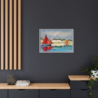 Galway Hooker Leaving Port wall art featuring a Galway Hooker boat sailing in a coastal scene, printed on high-quality canvas with a premium frame.