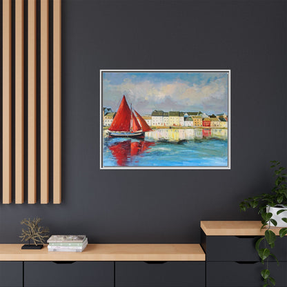 Galway Hooker Leaving Port wall art featuring a Galway Hooker boat sailing in a coastal scene, printed on high-quality canvas with a premium frame.