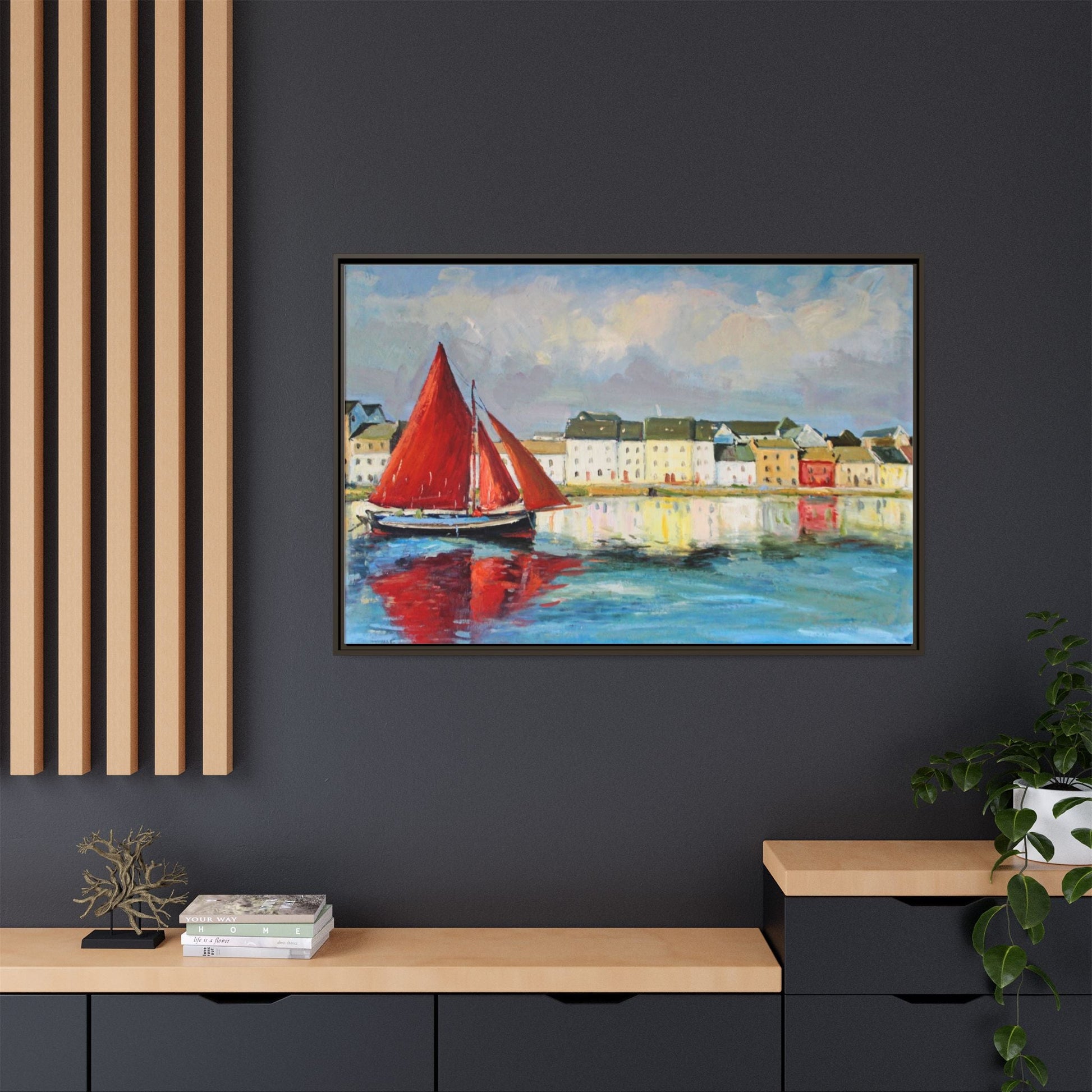 Galway Hooker Leaving Port wall art featuring a Galway Hooker boat sailing in a coastal scene, printed on high-quality canvas with a premium frame.