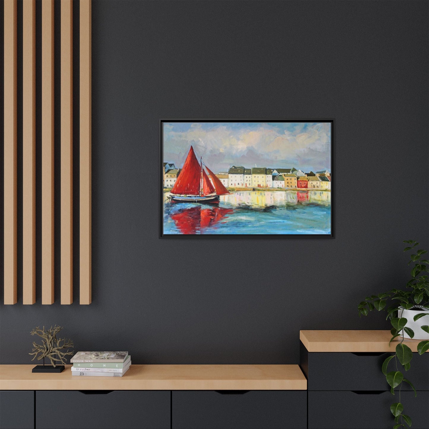 Galway Hooker Leaving Port wall art featuring a Galway Hooker boat sailing in a coastal scene, printed on high-quality canvas with a premium frame.