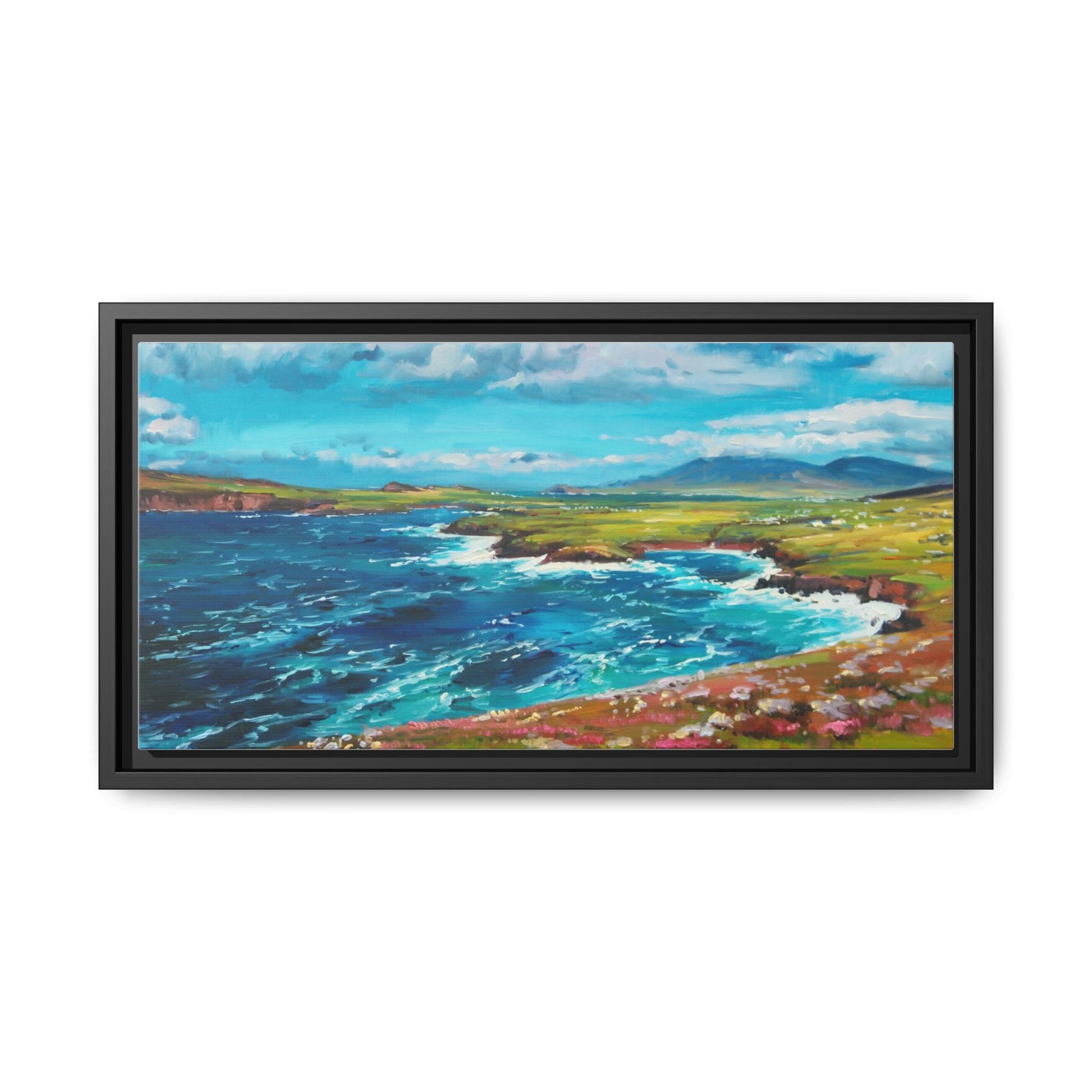 Dingle Peninsula wall art featuring a scenic view of Ireland's rugged coastline, printed on high-quality canvas with a premium frame.