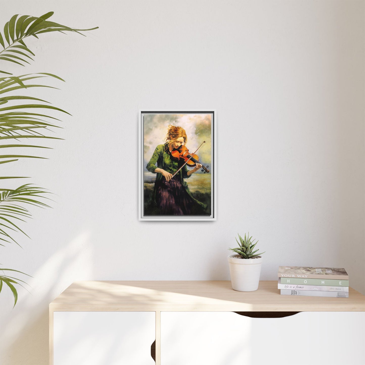 Young Girl with Fiddle wall art featuring a young musician playing the fiddle, printed on high-quality canvas for timeless and elegant décor.