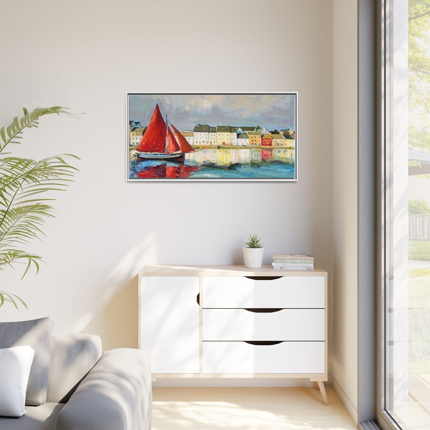 Galway Hooker Leaving Port wall art featuring a Galway Hooker boat sailing in a coastal scene, printed on high-quality canvas with a premium frame.