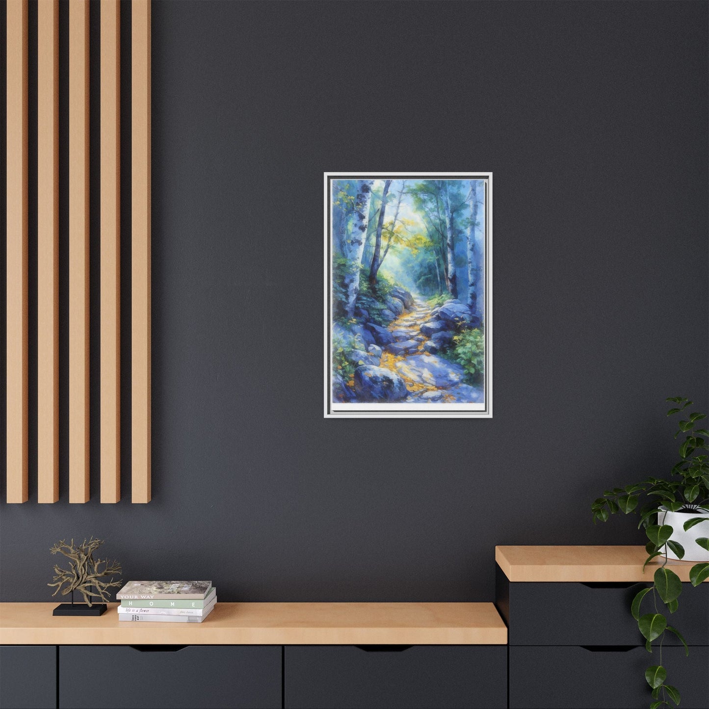 Blue Forest Path II wall art featuring a tranquil forest scene with a serene blue-toned path, printed on high-quality canvas for timeless décor.