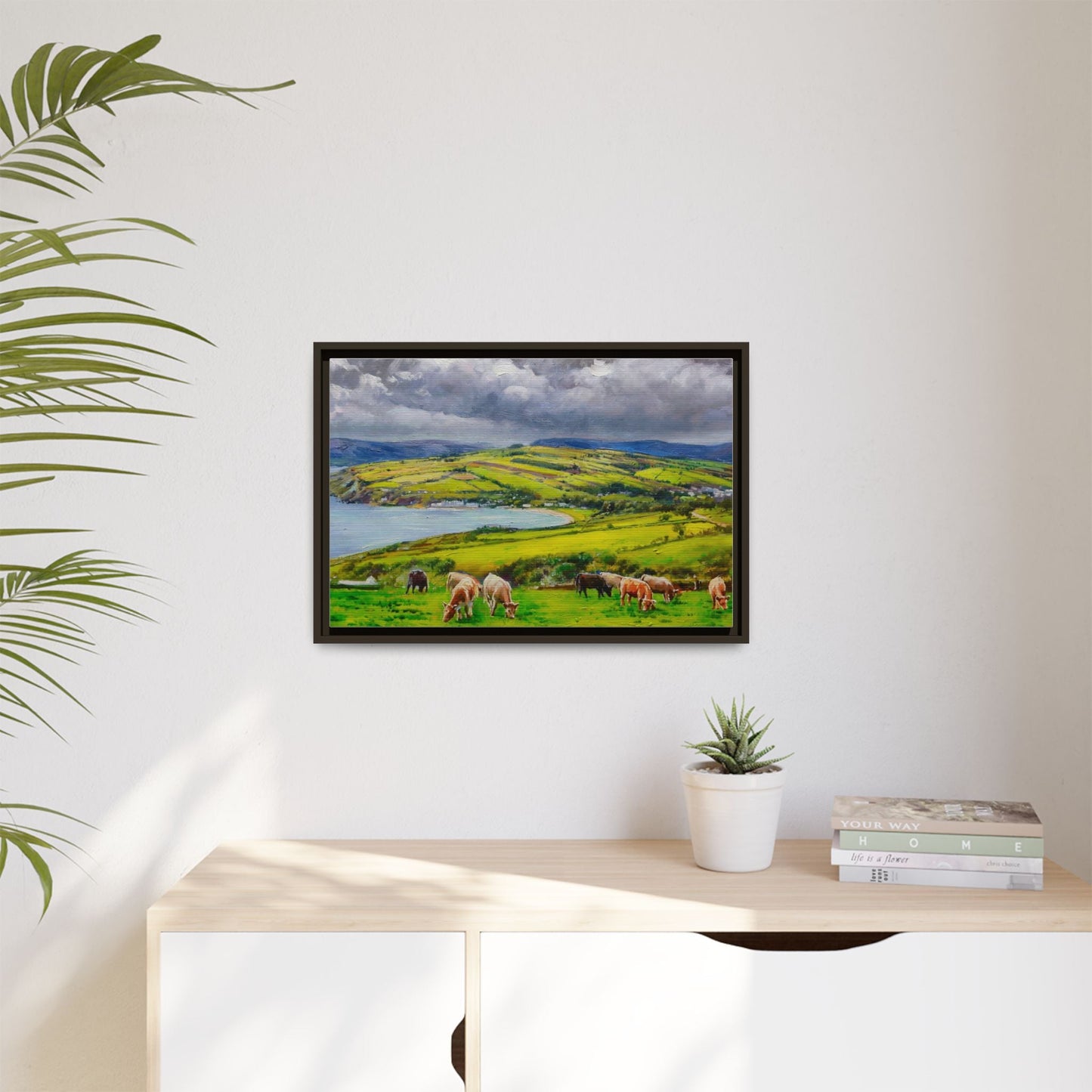 Cushendon Hills wall art showcasing rolling hills and scenic Irish landscapes, framed in high-quality materials for an elegant look.