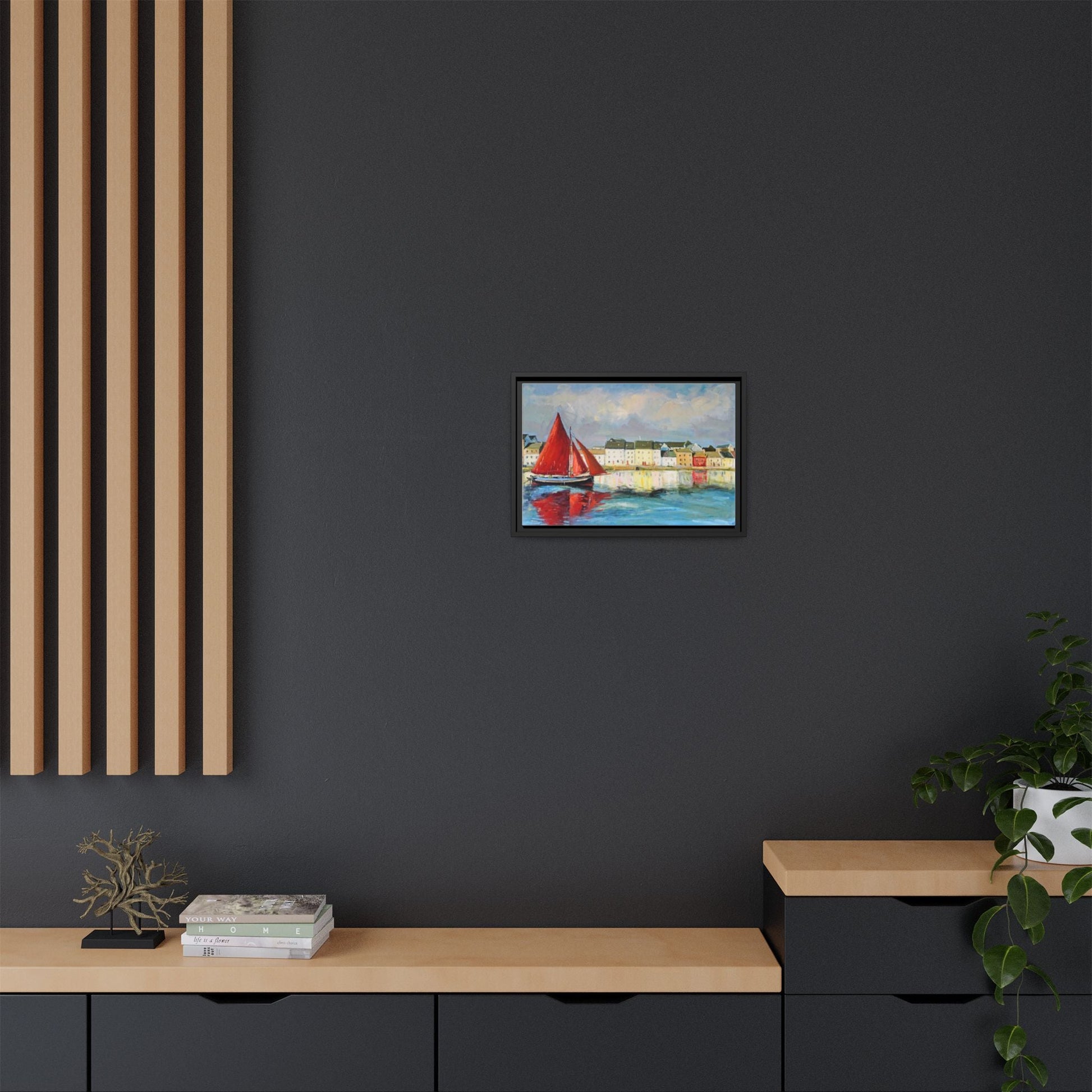 Galway Hooker Leaving Port wall art featuring a Galway Hooker boat sailing in a coastal scene, printed on high-quality canvas with a premium frame.