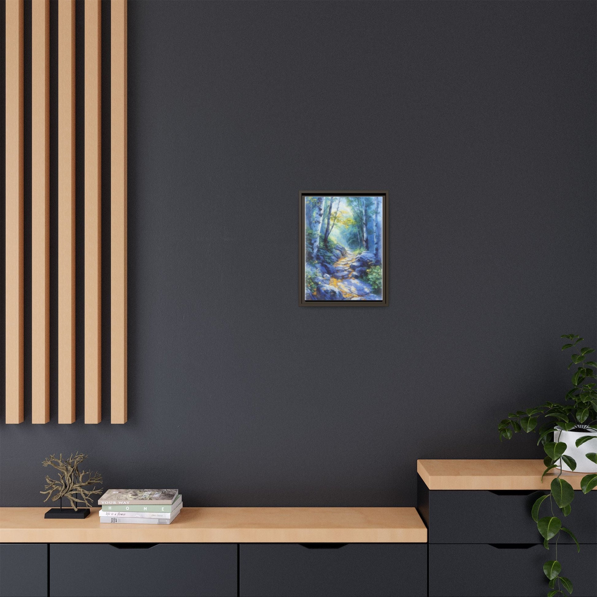 Blue Forest Path II wall art featuring a tranquil forest scene with a serene blue-toned path, printed on high-quality canvas for timeless décor.