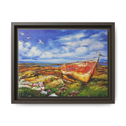 Large seagull perched on a wooden post, gazing over the ocean, framed in premium pinewood for a timeless and elegant décor piece.