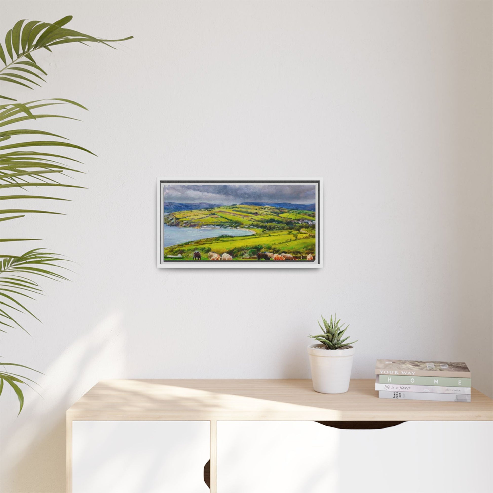 Cushendon Hills wall art showcasing rolling hills and scenic Irish landscapes, framed in high-quality materials for an elegant look.