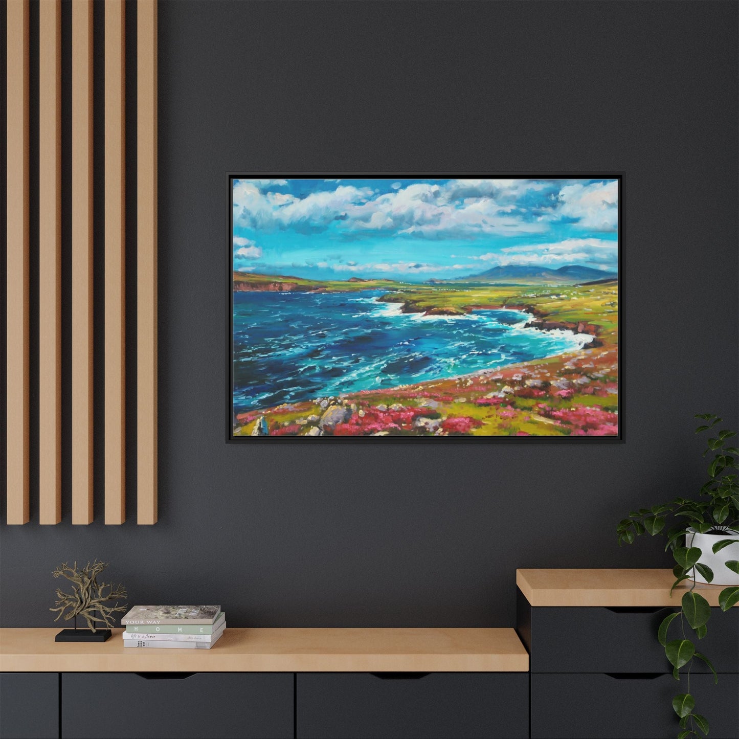 Dingle Peninsula wall art featuring a scenic view of Ireland's rugged coastline, printed on high-quality canvas with a premium frame.