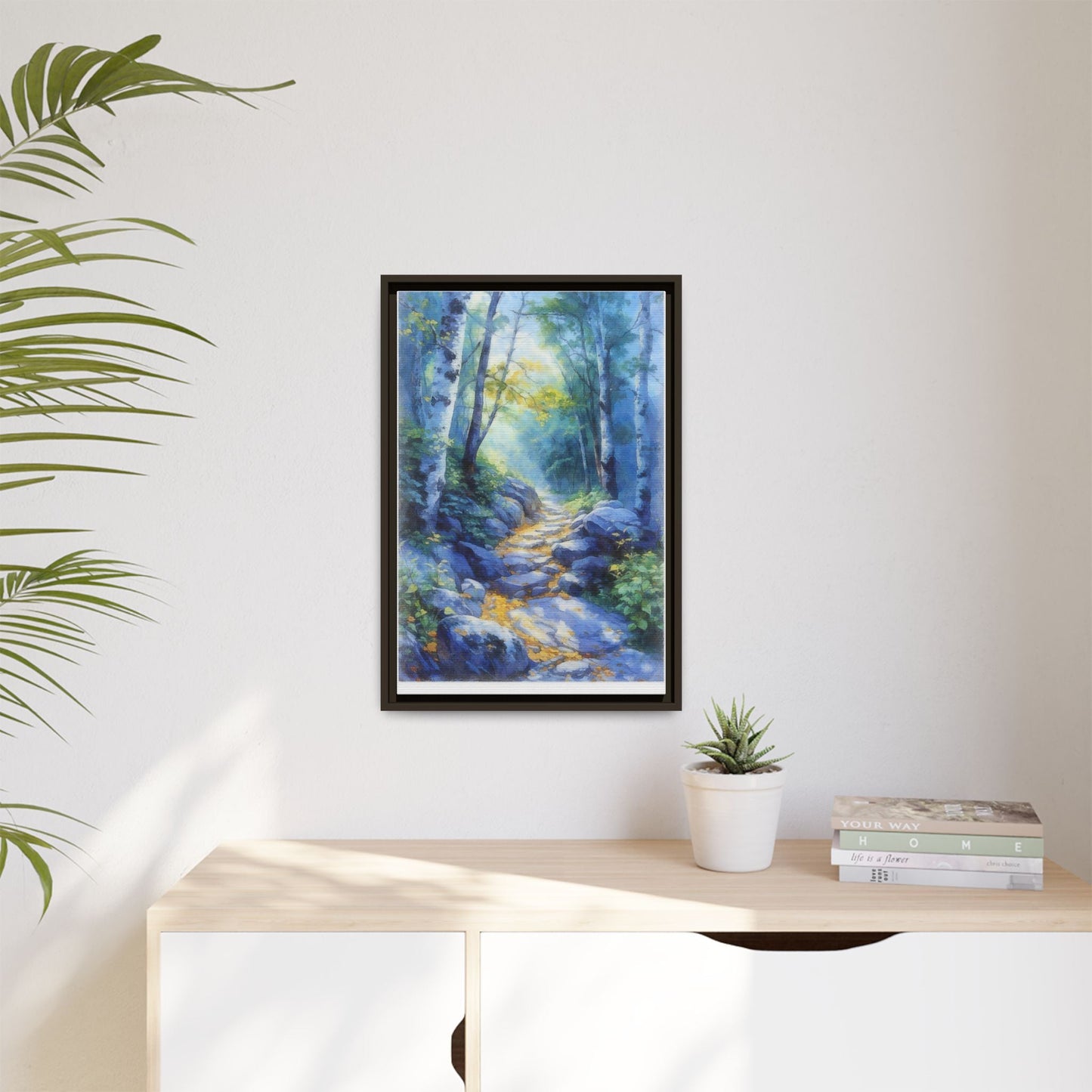 Blue Forest Path II wall art featuring a tranquil forest scene with a serene blue-toned path, printed on high-quality canvas for timeless décor.