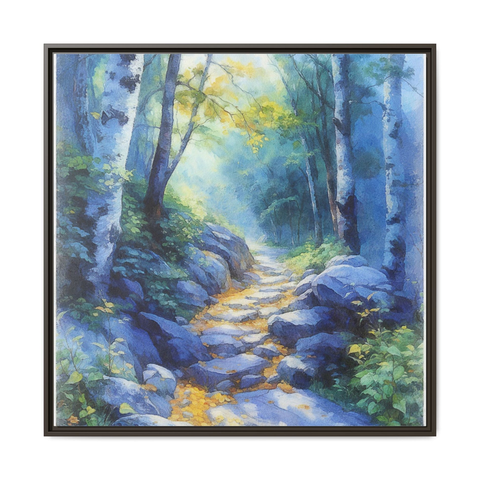 Blue Forest Path II wall art featuring a tranquil forest scene with a serene blue-toned path, printed on high-quality canvas for timeless décor.