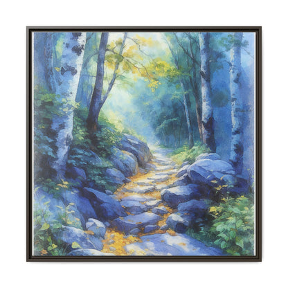 Blue Forest Path II wall art featuring a tranquil forest scene with a serene blue-toned path, printed on high-quality canvas for timeless décor.