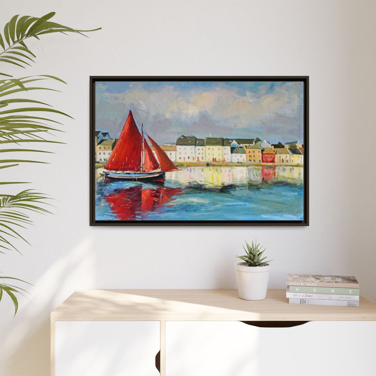 Galway Hooker Leaving Port wall art featuring a Galway Hooker boat sailing in a coastal scene, printed on high-quality canvas with a premium frame.