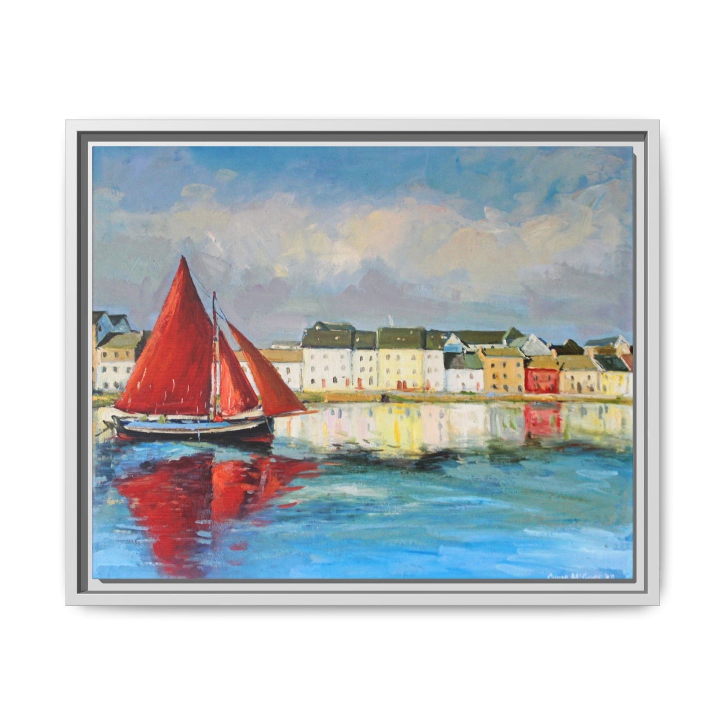 Galway Hooker Leaving Port wall art featuring a Galway Hooker boat sailing in a coastal scene, printed on high-quality canvas with a premium frame.