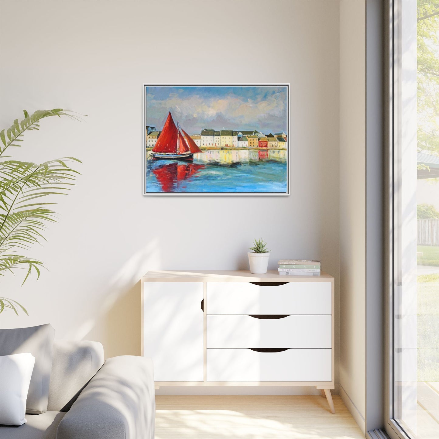 Galway Hooker Leaving Port wall art featuring a Galway Hooker boat sailing in a coastal scene, printed on high-quality canvas with a premium frame.