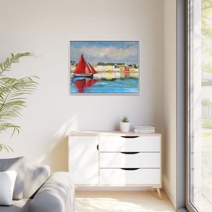 Galway Hooker Leaving Port wall art featuring a Galway Hooker boat sailing in a coastal scene, printed on high-quality canvas with a premium frame.