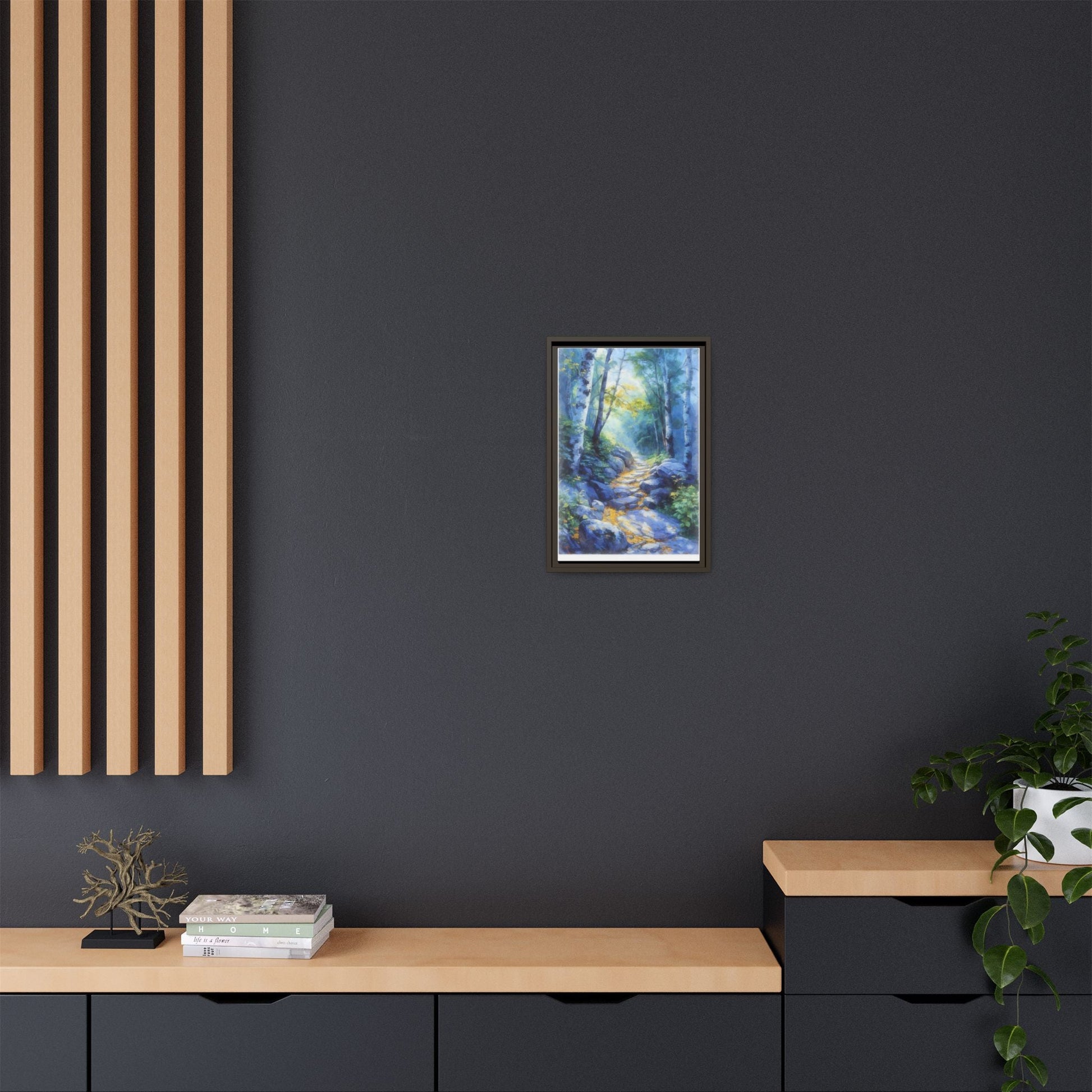 Blue Forest Path II wall art featuring a tranquil forest scene with a serene blue-toned path, printed on high-quality canvas for timeless décor.