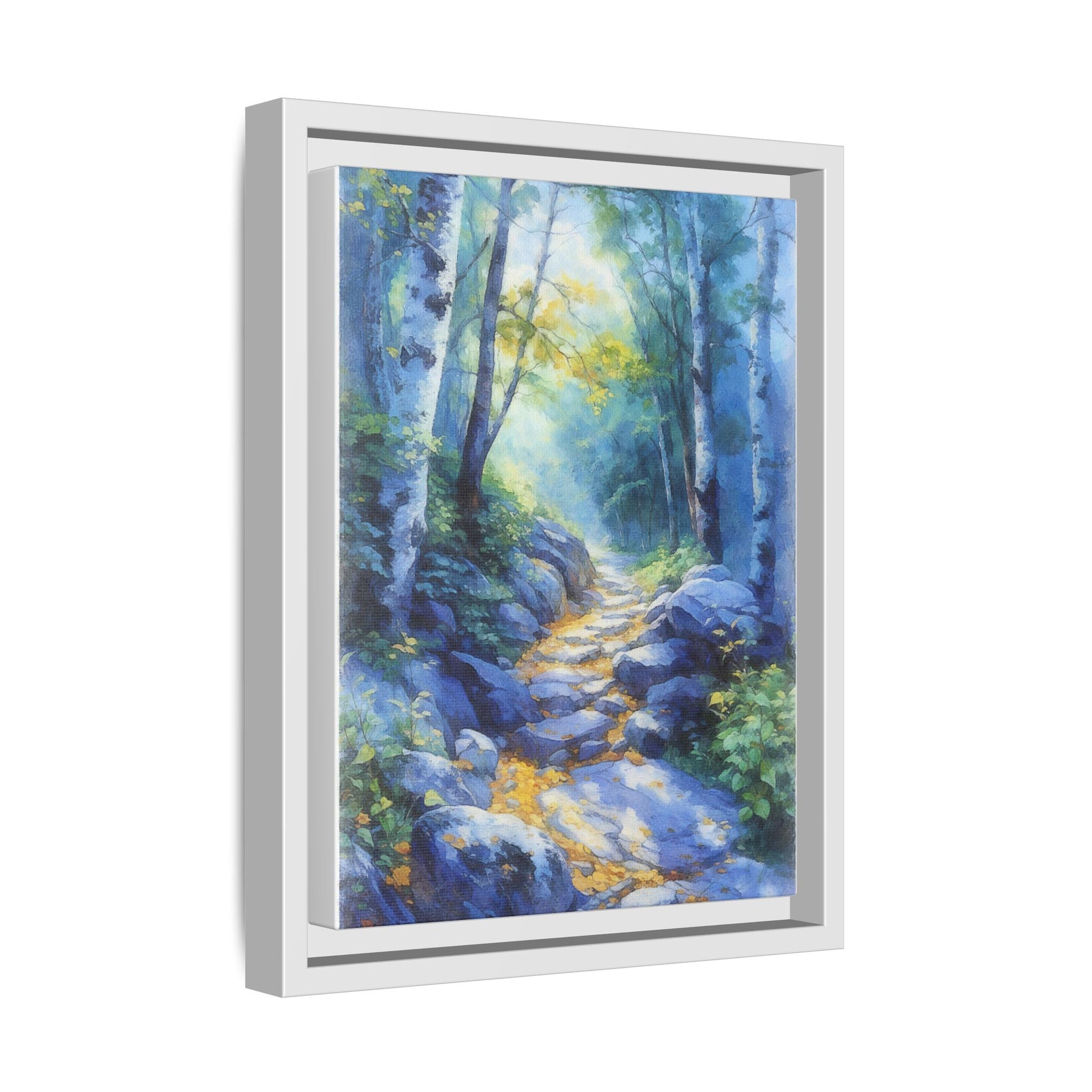 Blue Forest Path II wall art featuring a tranquil forest scene with a serene blue-toned path, printed on high-quality canvas for timeless décor.