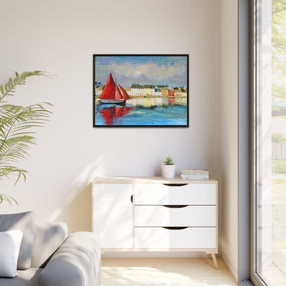 Galway Hooker Leaving Port wall art featuring a Galway Hooker boat sailing in a coastal scene, printed on high-quality canvas with a premium frame.