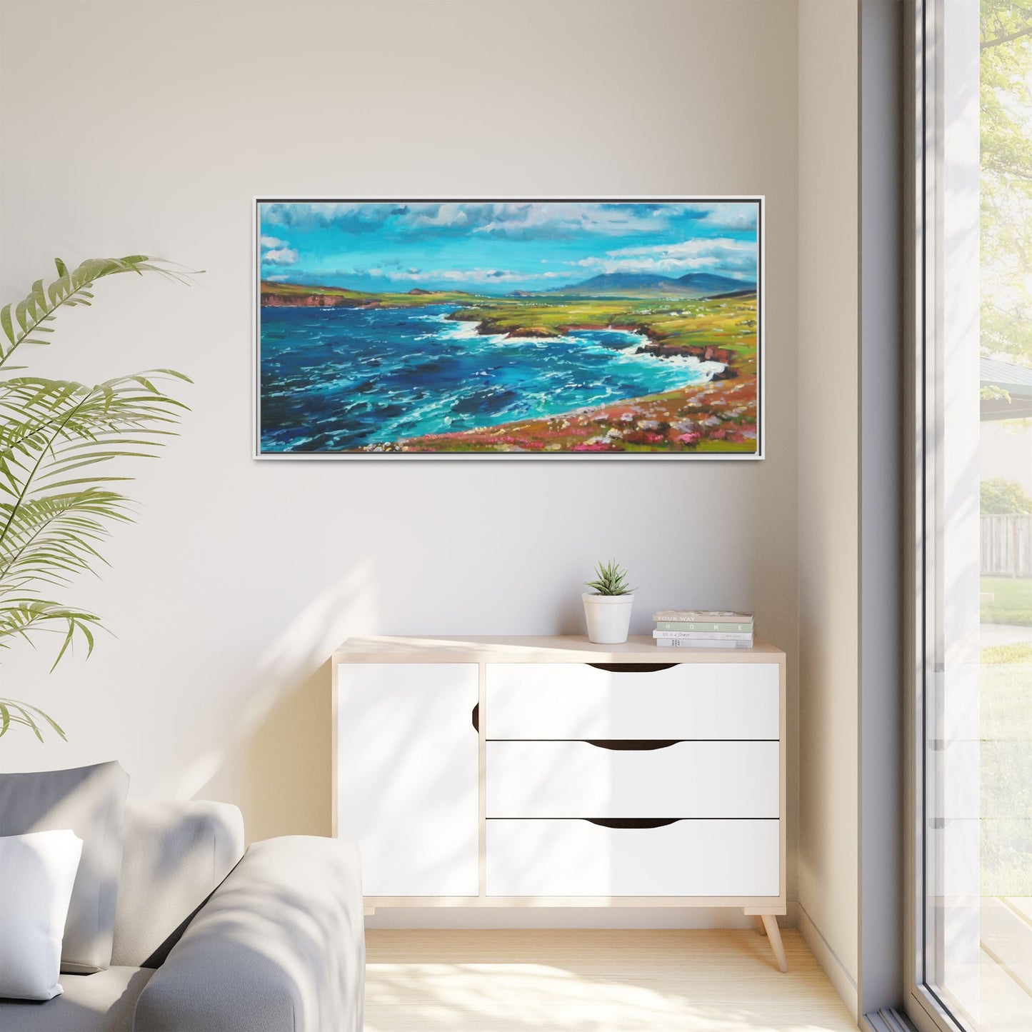 Dingle Peninsula wall art featuring a scenic view of Ireland's rugged coastline, printed on high-quality canvas with a premium frame.