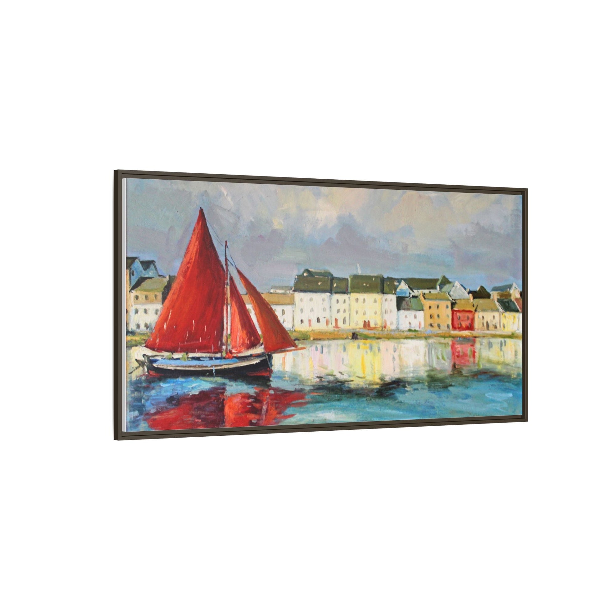 Galway Hooker Leaving Port wall art featuring a Galway Hooker boat sailing in a coastal scene, printed on high-quality canvas with a premium frame.