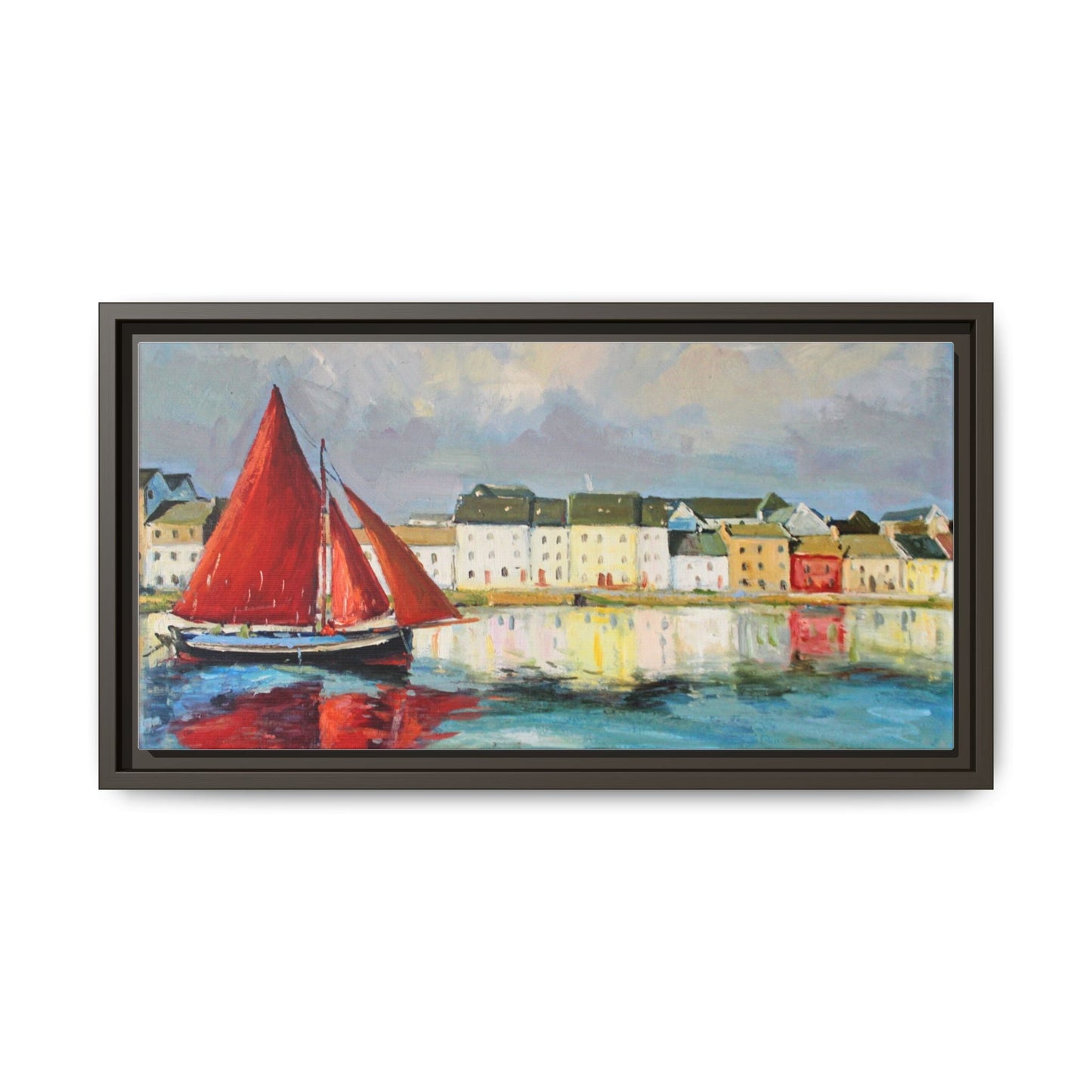 Galway Hooker Leaving Port wall art featuring a Galway Hooker boat sailing in a coastal scene, printed on high-quality canvas with a premium frame.