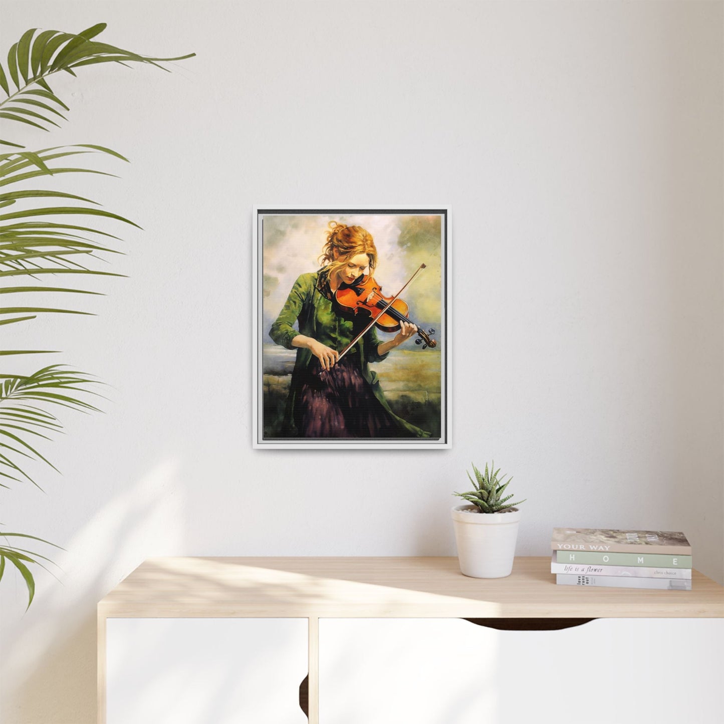 Young Girl with Fiddle wall art featuring a young musician playing the fiddle, printed on high-quality canvas for timeless and elegant décor.