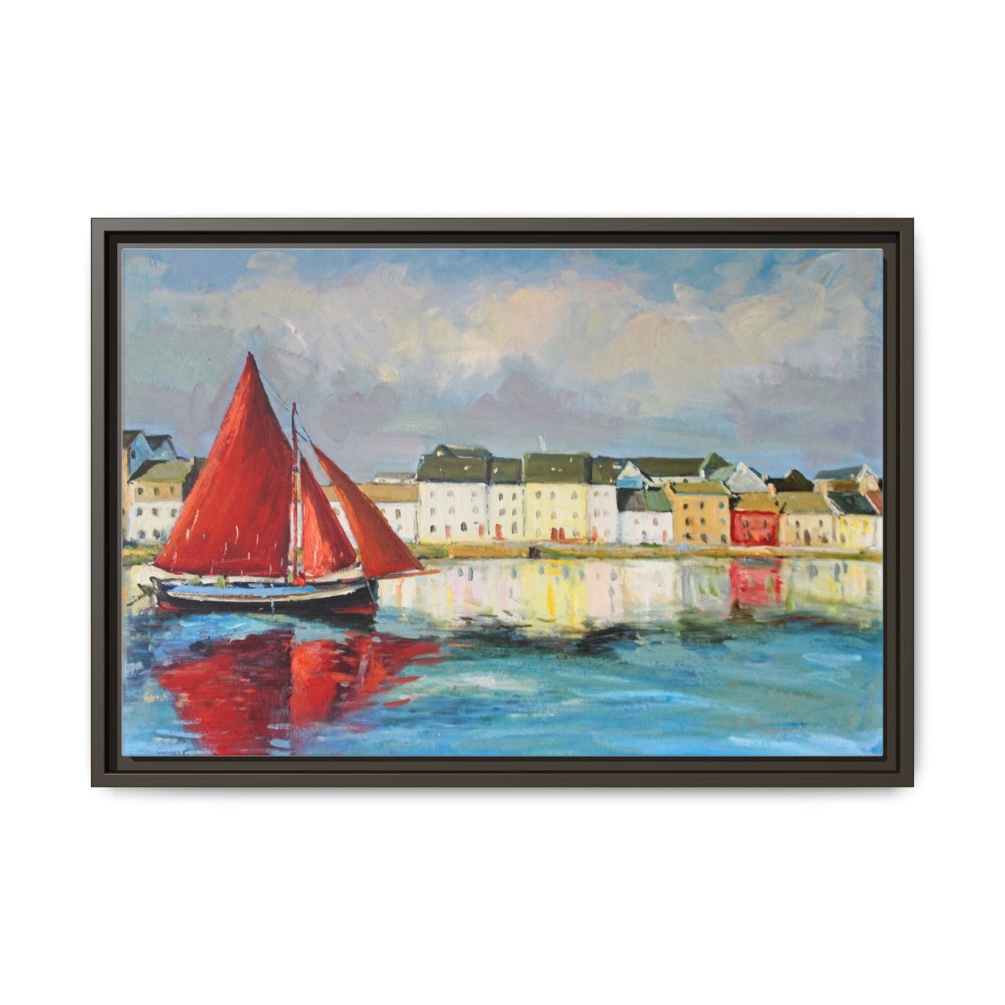 Galway Hooker Leaving Port wall art featuring a Galway Hooker boat sailing in a coastal scene, printed on high-quality canvas with a premium frame.