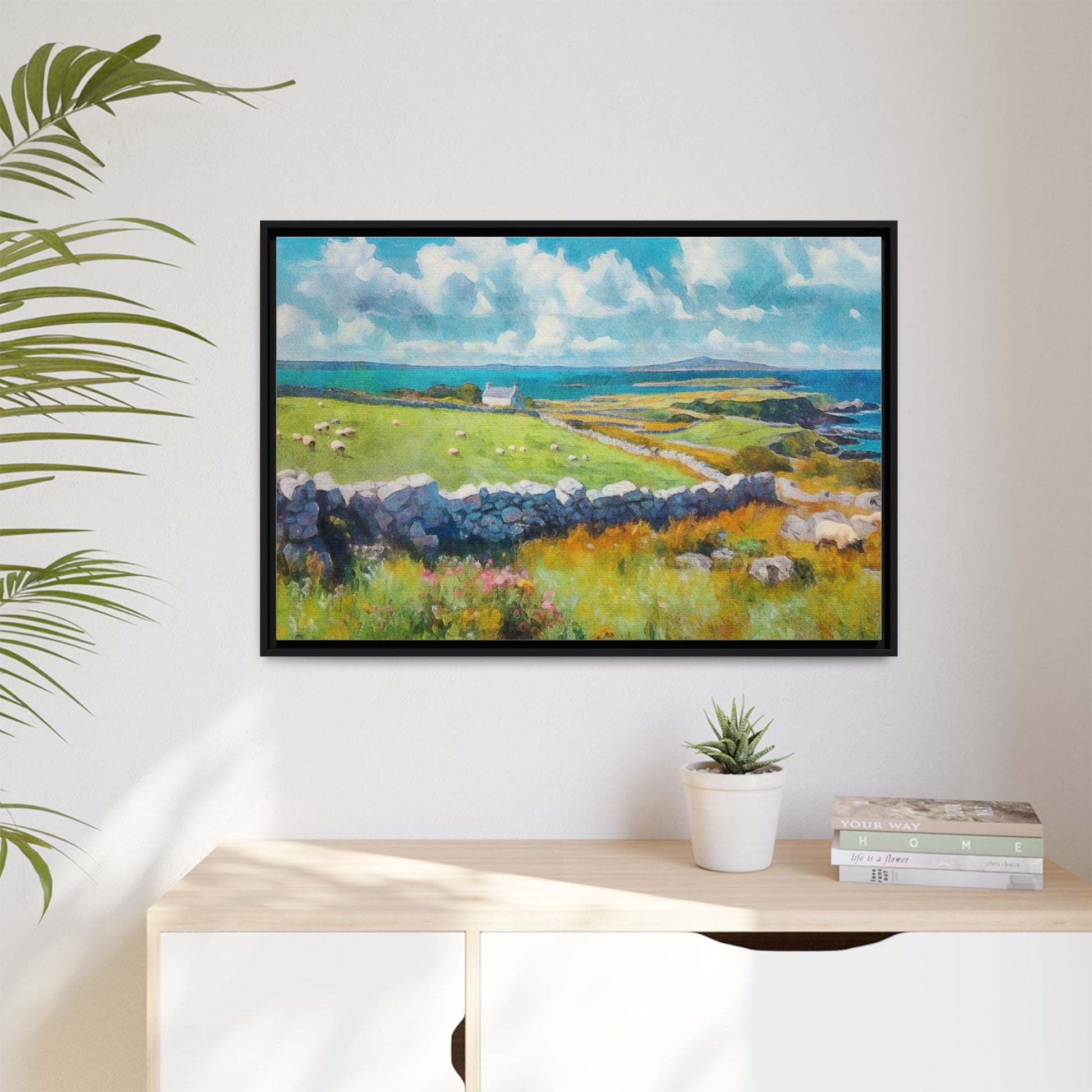 Far Flung Shores W.COL wall art featuring a serene coastal landscape, printed on high-quality canvas with a premium pinewood frame.