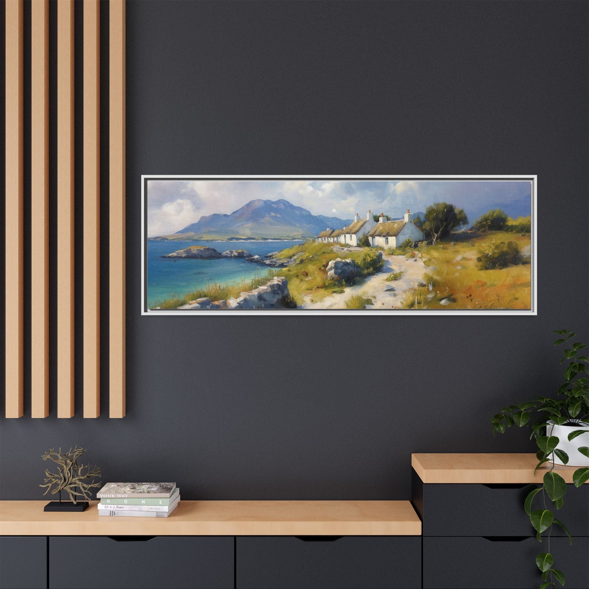 Blustery Day wall art featuring a dramatic wind-swept landscape in a pinewood frame.