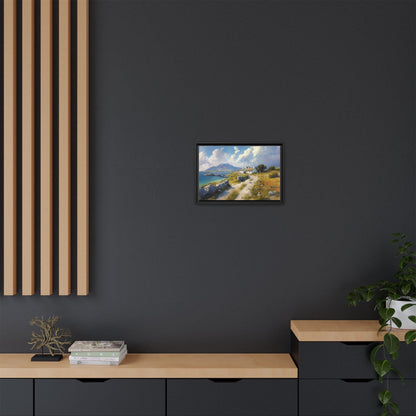 Blustery Day wall art featuring a dramatic wind-swept landscape in a pinewood frame.