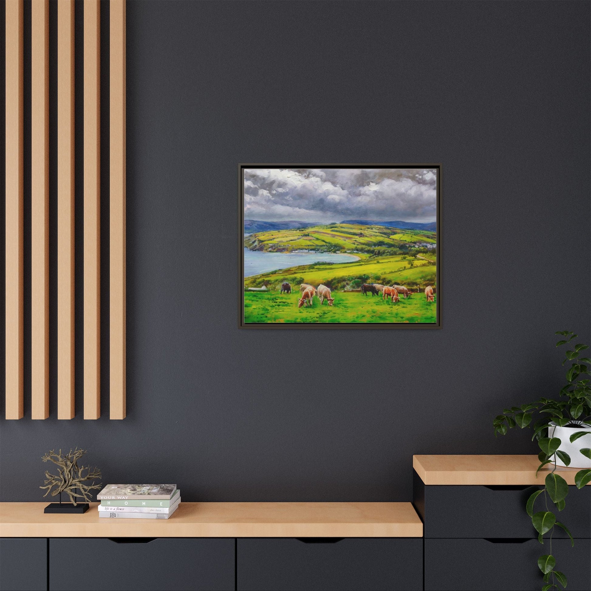 Cushendon Hills wall art showcasing rolling hills and scenic Irish landscapes, framed in high-quality materials for an elegant look.