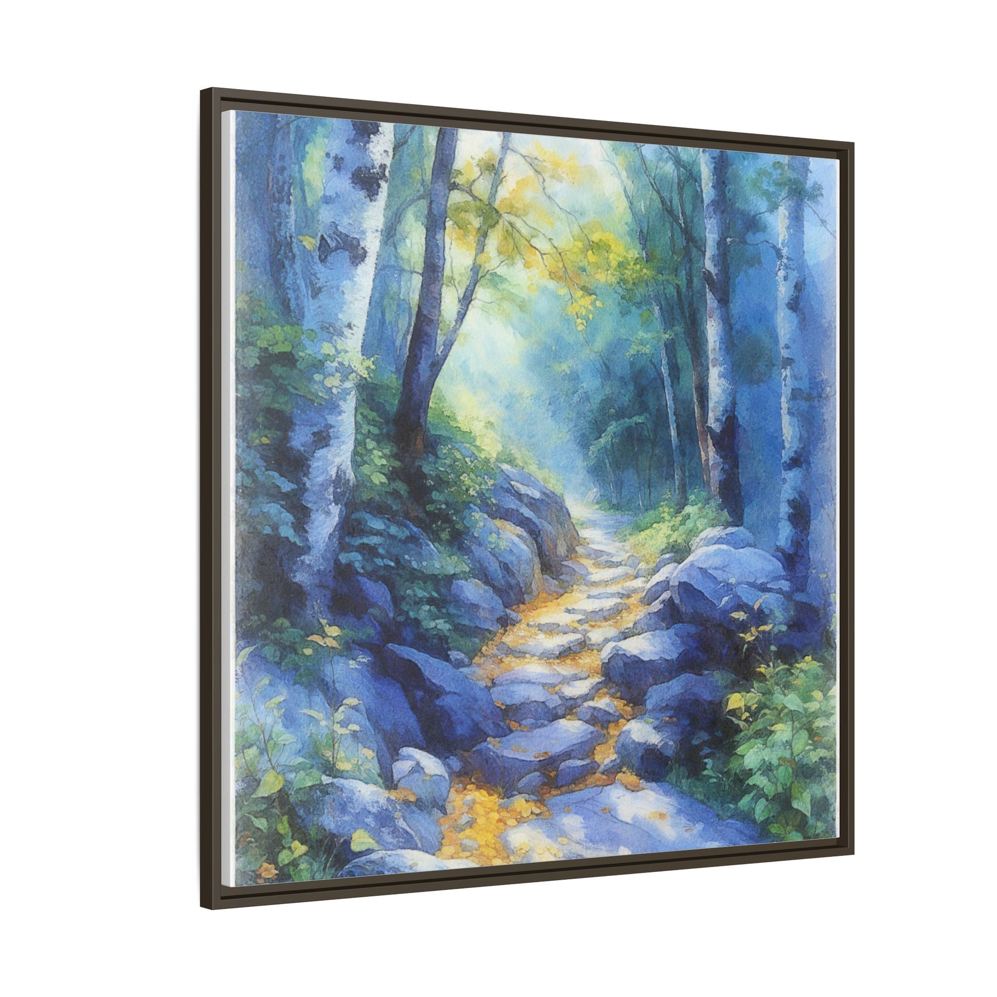 Blue Forest Path II wall art featuring a tranquil forest scene with a serene blue-toned path, printed on high-quality canvas for timeless décor.