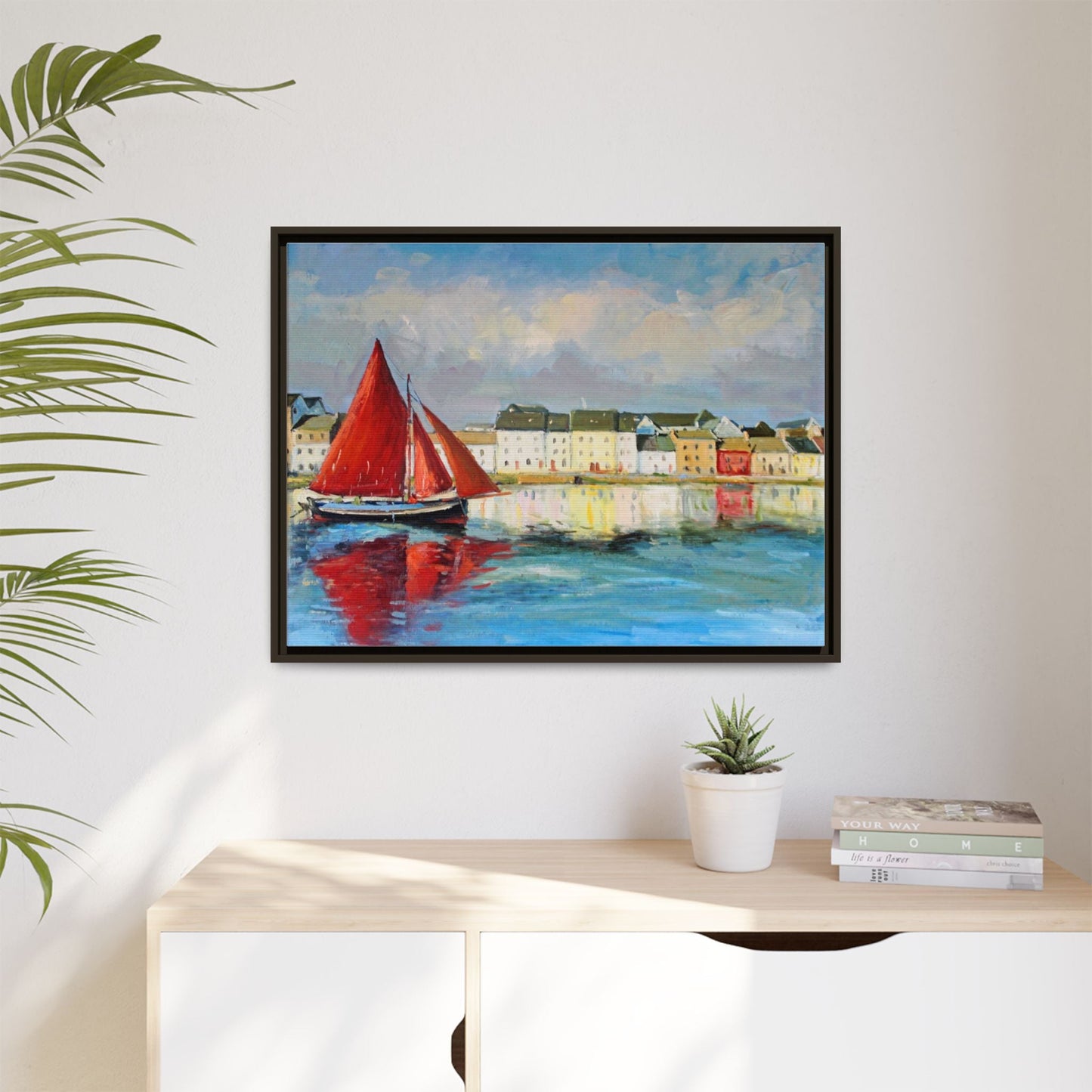 Galway Hooker Leaving Port wall art featuring a Galway Hooker boat sailing in a coastal scene, printed on high-quality canvas with a premium frame.