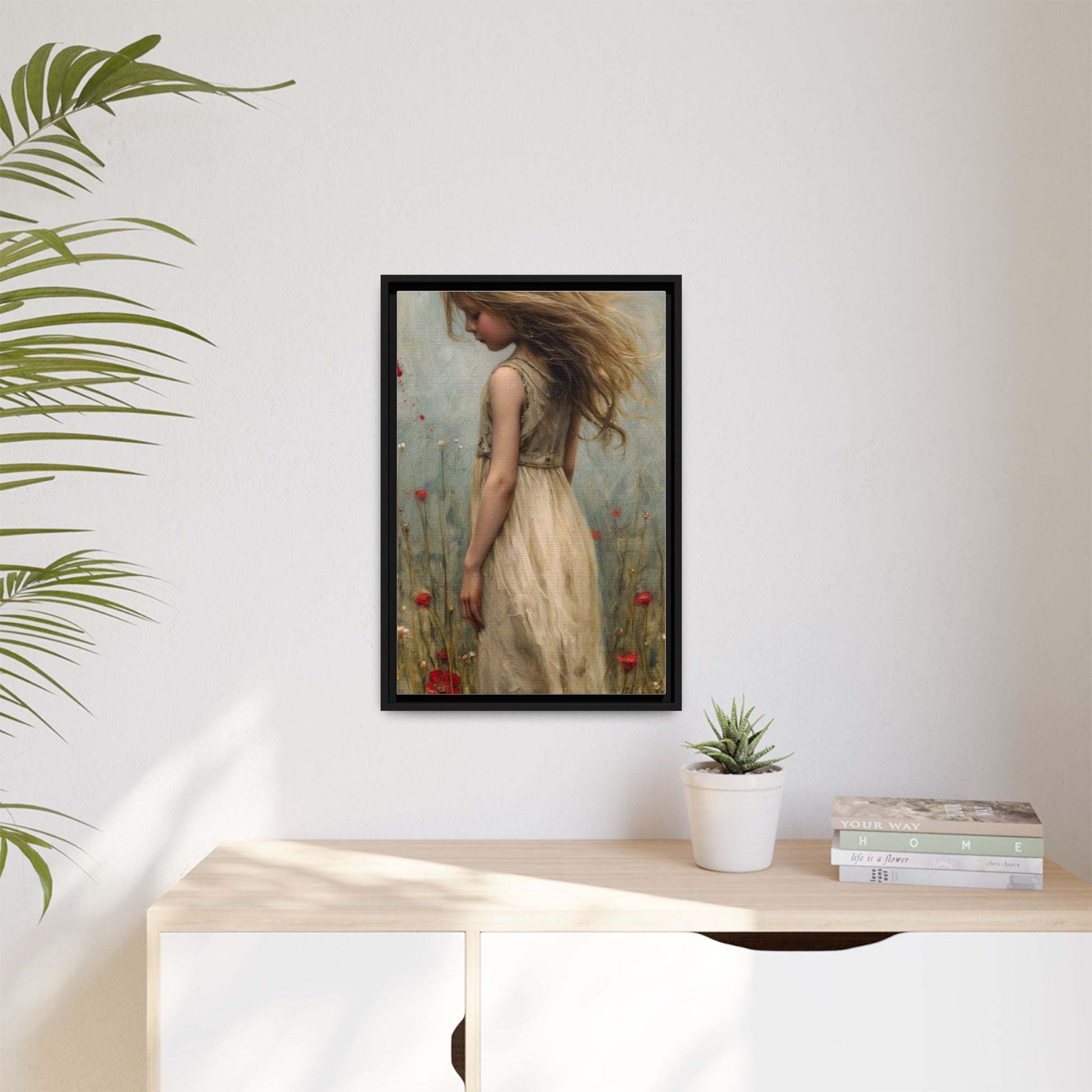 Young Girl In Flowers – Elegant pinewood-framed wall art featuring a high-quality cotton-polyester canvas with vibrant colors and a timeless design.