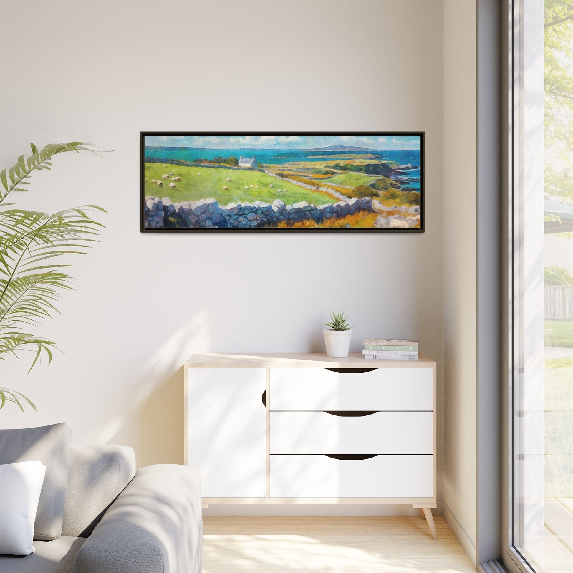 Far Flung Shores W.COL wall art featuring a serene coastal landscape, printed on high-quality canvas with a premium pinewood frame.