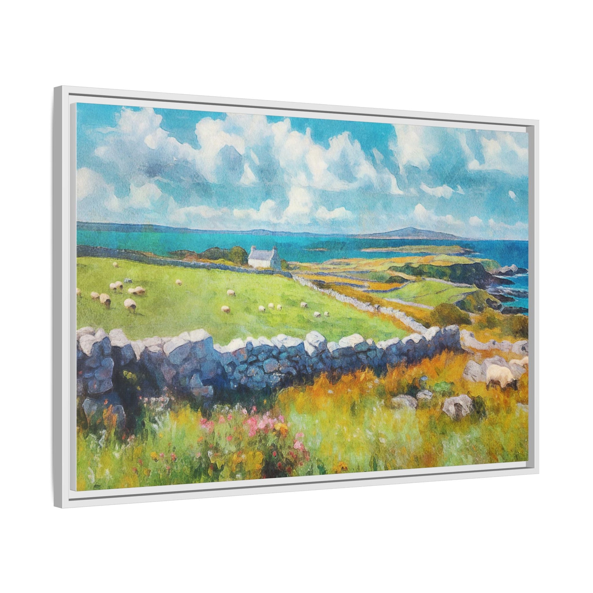 Far Flung Shores W.COL wall art featuring a serene coastal landscape, printed on high-quality canvas with a premium pinewood frame.