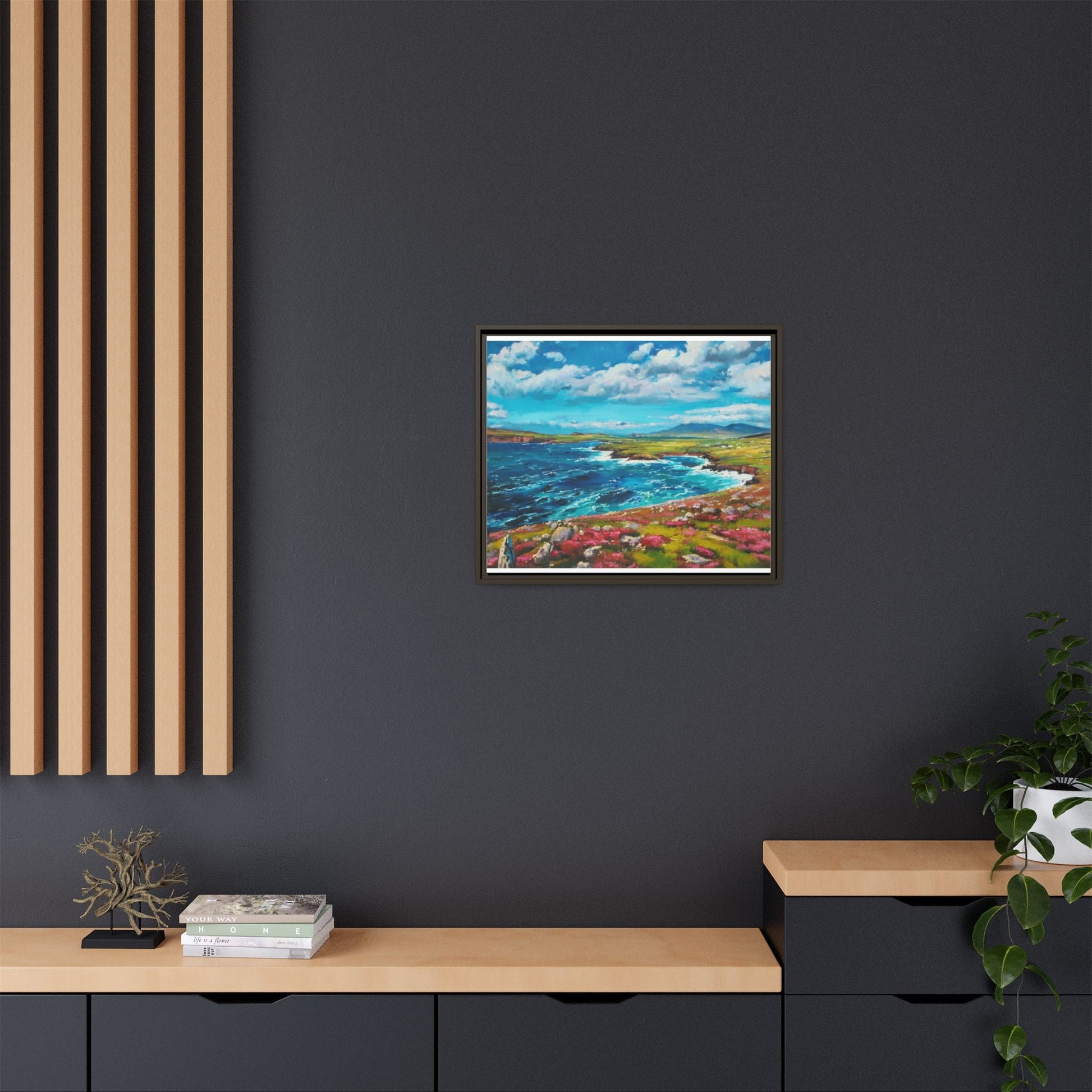 Dingle Peninsula wall art featuring a scenic view of Ireland's rugged coastline, printed on high-quality canvas with a premium frame.