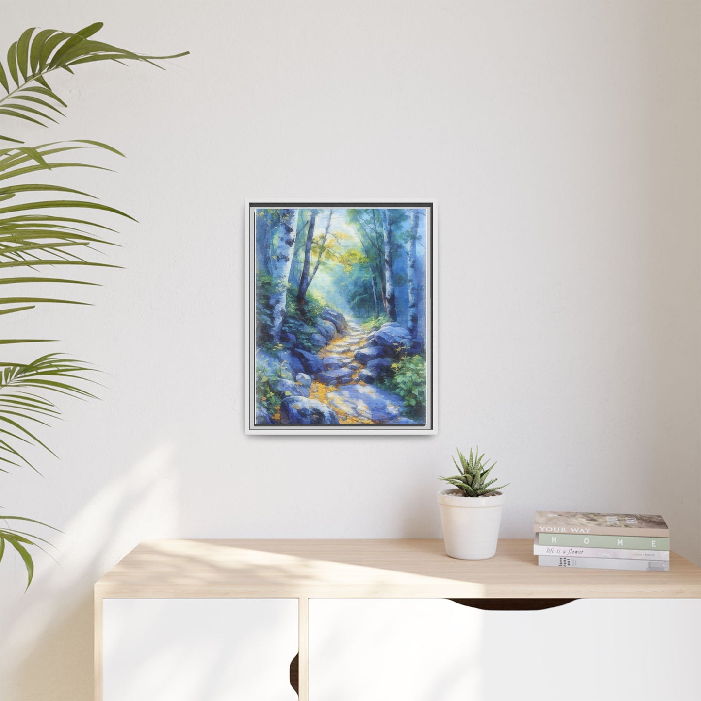 Blue Forest Path II wall art featuring a tranquil forest scene with a serene blue-toned path, printed on high-quality canvas for timeless décor.